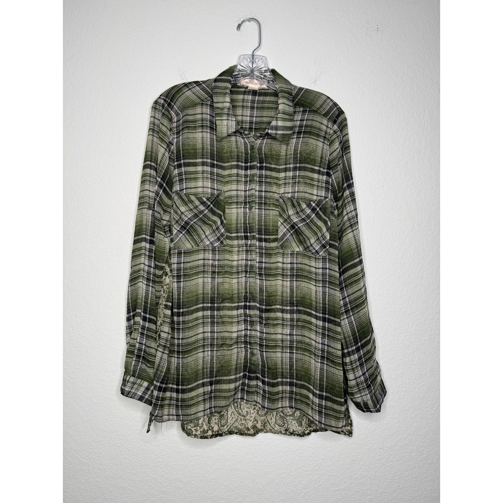 Band of Gypsies Green Plaid Paisley Contrast Roll Tab Button Up Shirt Size Large